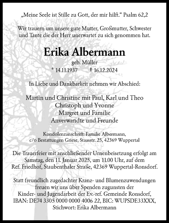 Traueranzeige von Erika Albermann von trauer.wuppertaler-rundschau.de