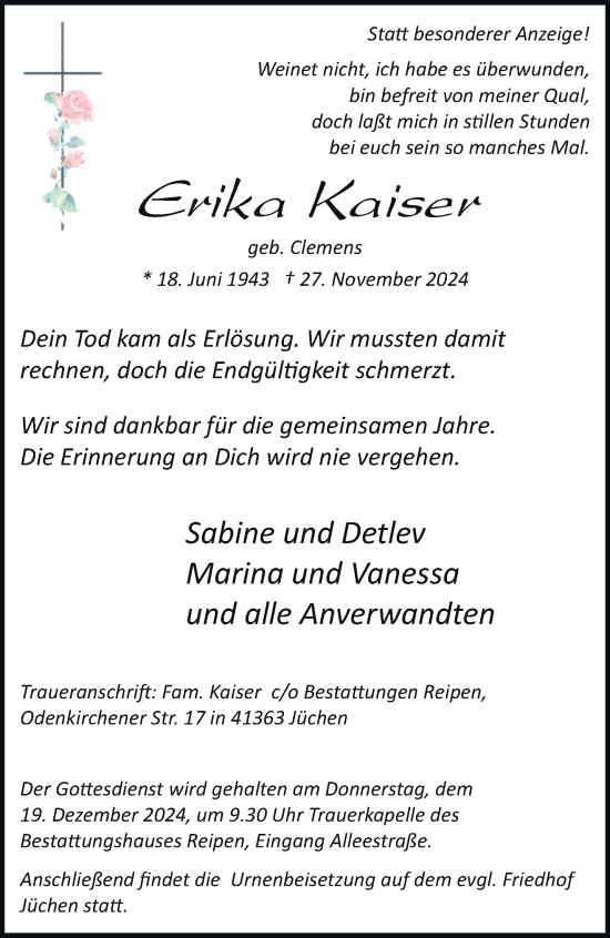 Traueranzeige von Erika Kaiser von trauer.stadt-kurier.de