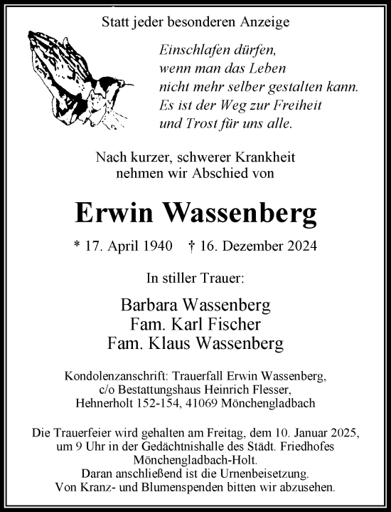 Traueranzeige von Erwin Wassenberg von trauer.extra-tipp-moenchengladbach.de