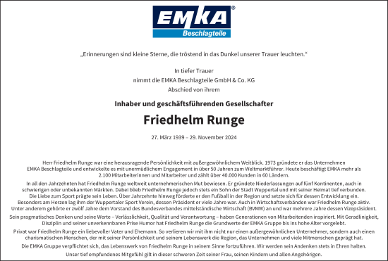 Traueranzeige von Friedhelm Runge von trauer.wuppertaler-rundschau.de