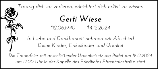 Traueranzeige von Gerti Wiese von trauer.wuppertaler-rundschau.de