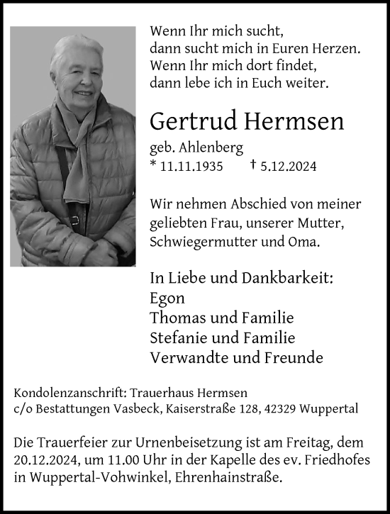 Traueranzeige von Gertrud Hermsen von trauer.wuppertaler-rundschau.de