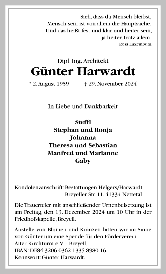 Traueranzeige von Günter Harwardt von trauer.extra-tipp-moenchengladbach.de