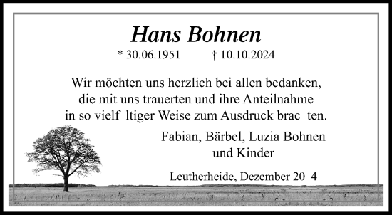 Traueranzeige von Hans Bohnen von trauer.extra-tipp-moenchengladbach.de