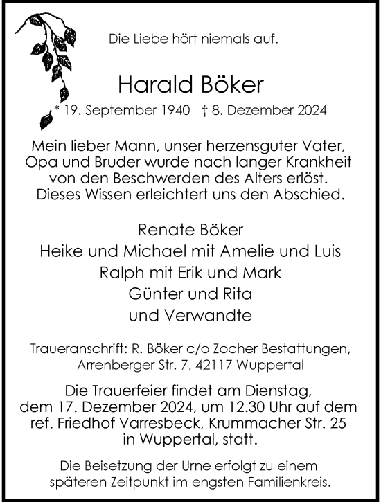 Traueranzeige von Harald Böker von trauer.wuppertaler-rundschau.de