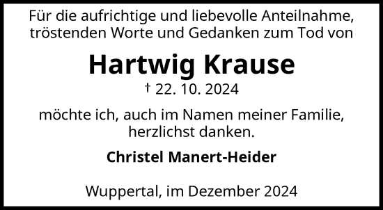 Traueranzeige von Hartwig Krause von trauer.wuppertaler-rundschau.de