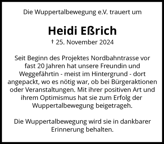 Traueranzeige von Heidi Eßrich von trauer.wuppertaler-rundschau.de