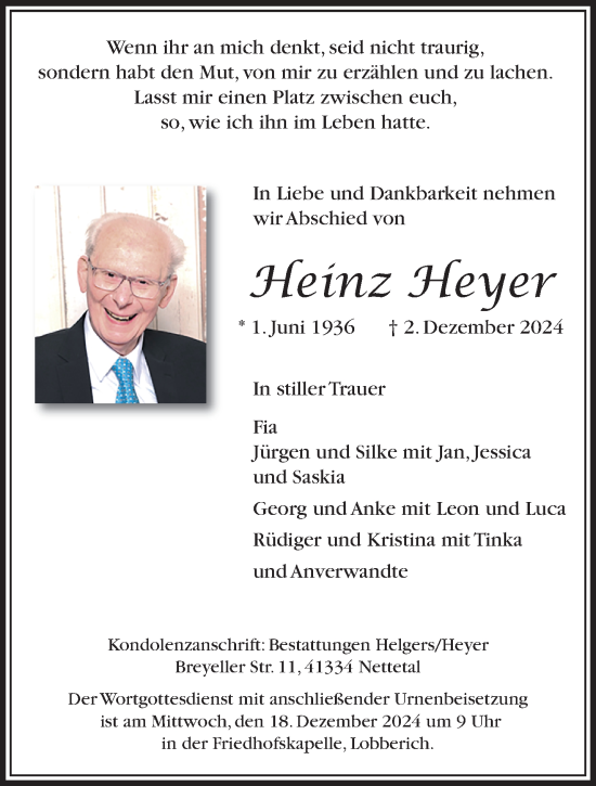 Traueranzeige von Heinz Heyer von trauer.extra-tipp-moenchengladbach.de