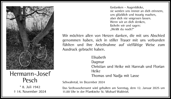 Traueranzeige von Hermann-Josef Pesch von trauer.extra-tipp-moenchengladbach.de