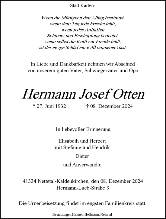 Traueranzeige von Hermann Josef Otten von trauer.extra-tipp-moenchengladbach.de