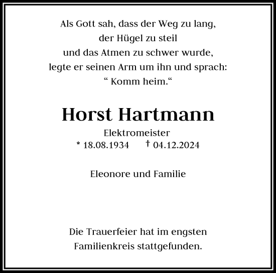 Traueranzeige von Horst Hartmann von trauer.wuppertaler-rundschau.de