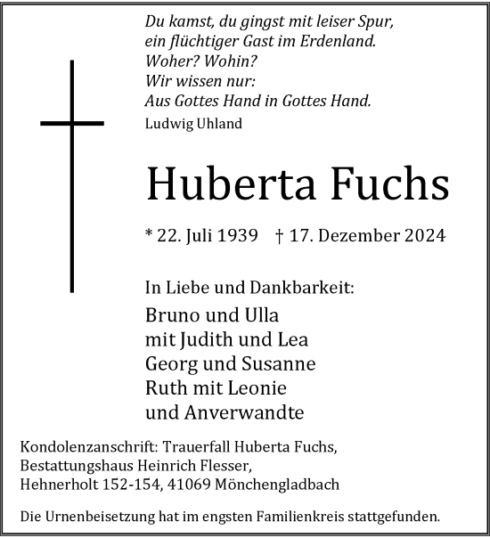 Traueranzeige von Huberta Fuchs von trauer.extra-tipp-moenchengladbach.de