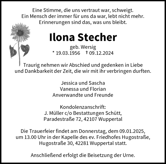 Traueranzeige von Ilona Stecher von trauer.wuppertaler-rundschau.de