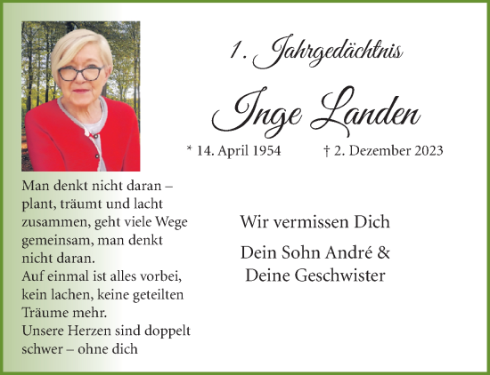Traueranzeige von Inge Landen von trauer.extra-tipp-moenchengladbach.de