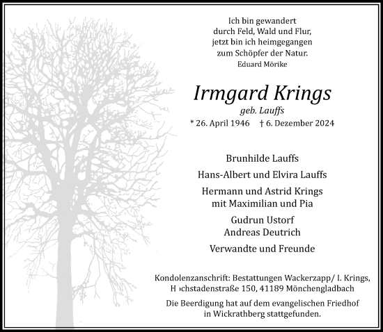 Traueranzeige von Irmgard Krings von trauer.extra-tipp-moenchengladbach.de