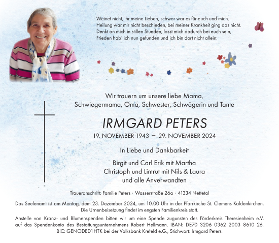 Traueranzeige von Irmgard Peters von trauer.extra-tipp-moenchengladbach.de