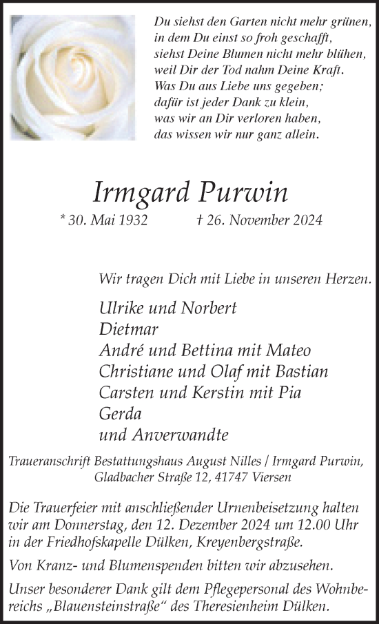 Traueranzeige von Irmgard Purwin von trauer.extra-tipp-moenchengladbach.de