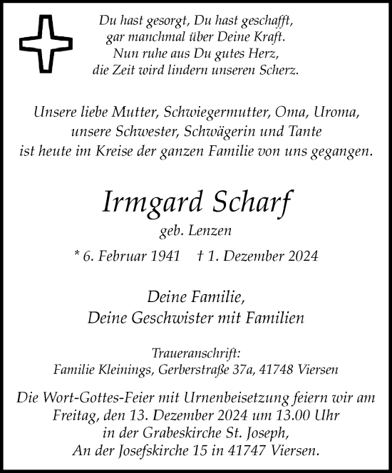 Traueranzeige von Irmgard Scharf von trauer.extra-tipp-moenchengladbach.de