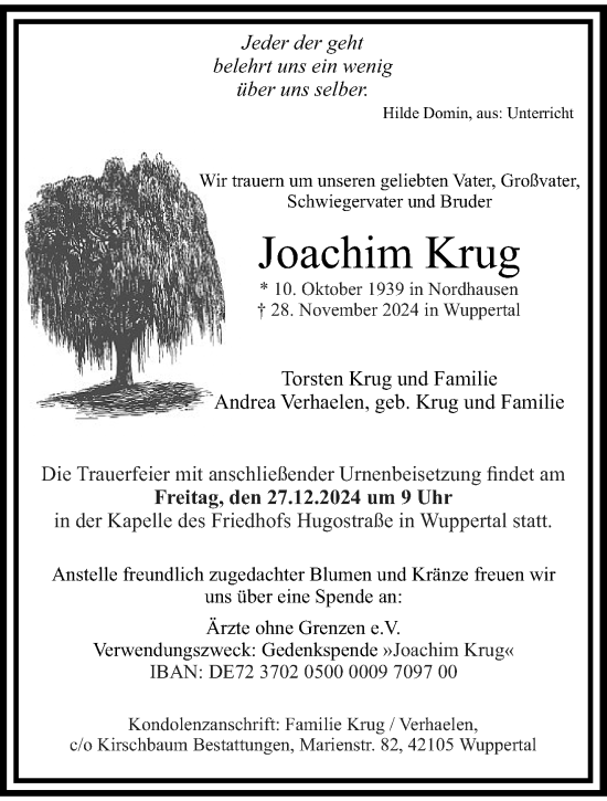 Traueranzeige von Joachim Krug von trauer.wuppertaler-rundschau.de