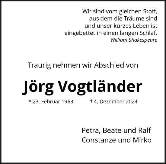 Traueranzeige von Jörg Vogtländer von trauer.wuppertaler-rundschau.de