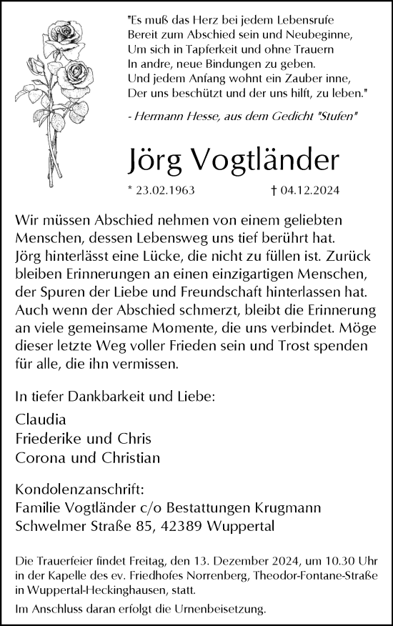 Traueranzeige von Jörg Vogtländer von trauer.wuppertaler-rundschau.de