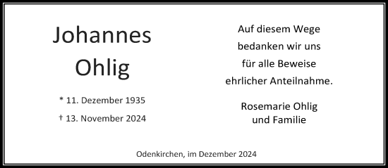 Traueranzeige von Johannes Ohlig von trauer.extra-tipp-moenchengladbach.de