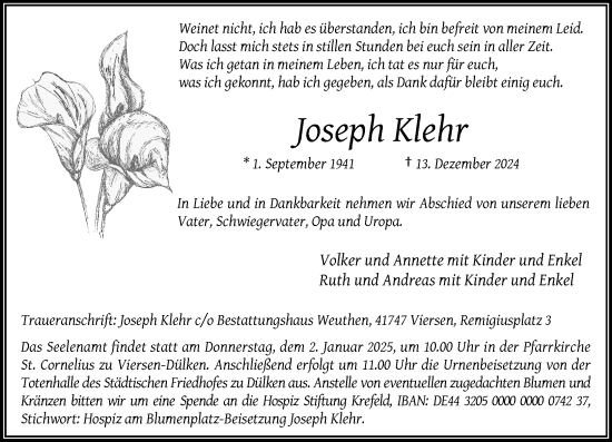 Traueranzeige von Joseph Klehr von trauer.extra-tipp-moenchengladbach.de