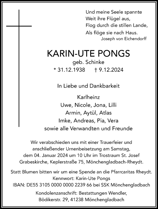 Traueranzeige von Karin-Ute Pongs von trauer.extra-tipp-moenchengladbach.de