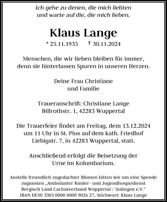 Traueranzeige von Klaus Lange von trauer.wuppertaler-rundschau.de