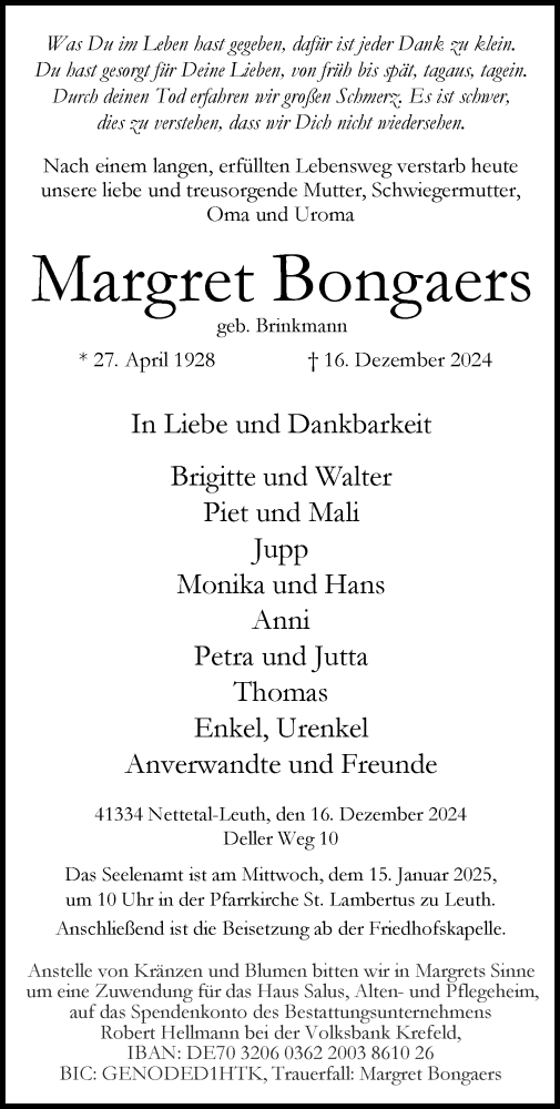 Traueranzeige von Margret Bongaers von trauer.extra-tipp-moenchengladbach.de