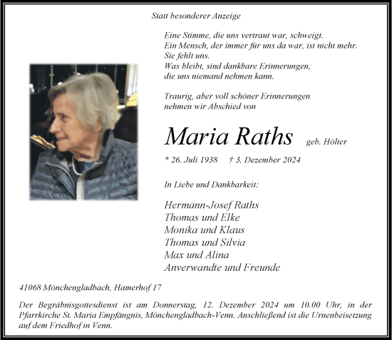 Traueranzeige von Maria Raths von trauer.extra-tipp-moenchengladbach.de