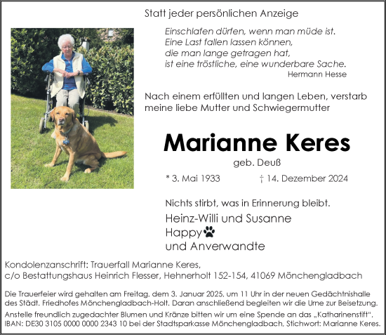 Traueranzeige von Marianne Keres von trauer.extra-tipp-moenchengladbach.de