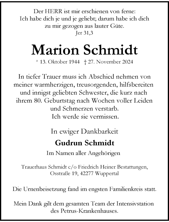 Traueranzeige von Marion Schmidt von trauer.wuppertaler-rundschau.de