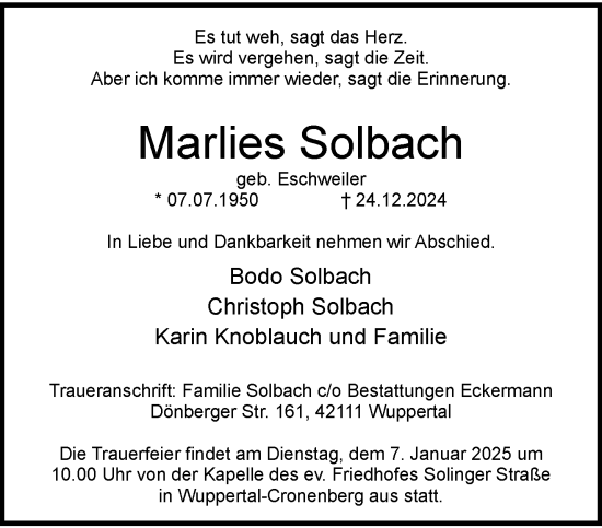 Traueranzeige von Marlies Solbach von trauer.wuppertaler-rundschau.de