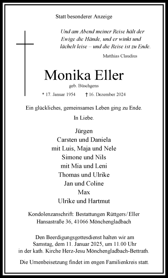 Traueranzeige von Monika Eller von trauer.extra-tipp-moenchengladbach.de