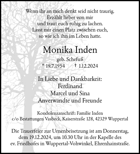 Traueranzeige von Monika Inden von trauer.wuppertaler-rundschau.de