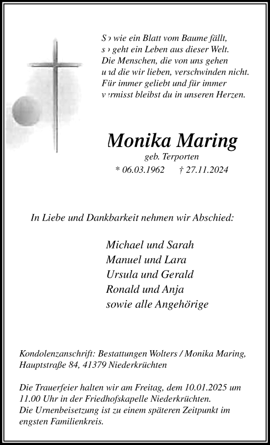 Traueranzeige von Monika Maring von trauer.extra-tipp-moenchengladbach.de