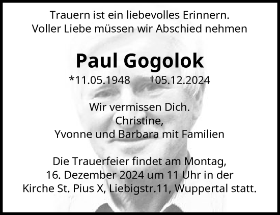 Traueranzeige von Paul Gogolok von trauer.wuppertaler-rundschau.de