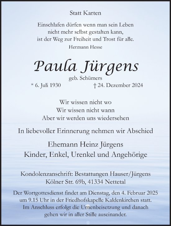 Traueranzeige von Paula Jürgens von trauer.extra-tipp-moenchengladbach.de