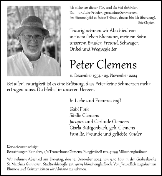 Traueranzeige von Peter Clemens von trauer.extra-tipp-moenchengladbach.de