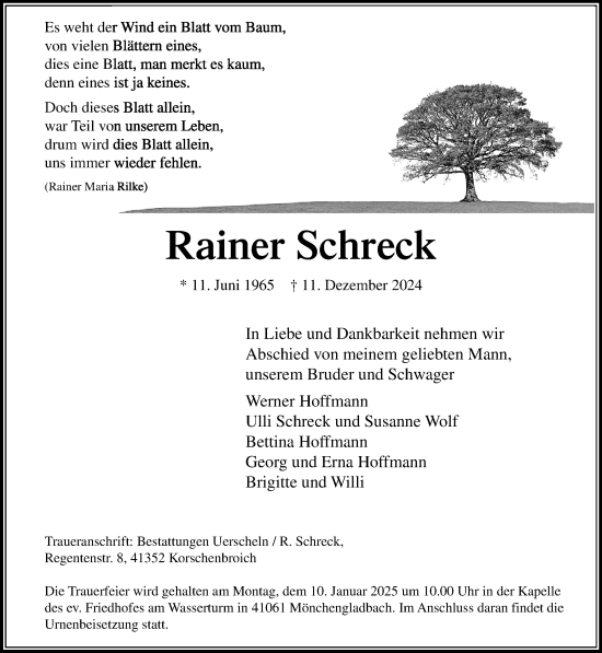 Traueranzeige von Rainer Schreck von trauer.extra-tipp-moenchengladbach.de