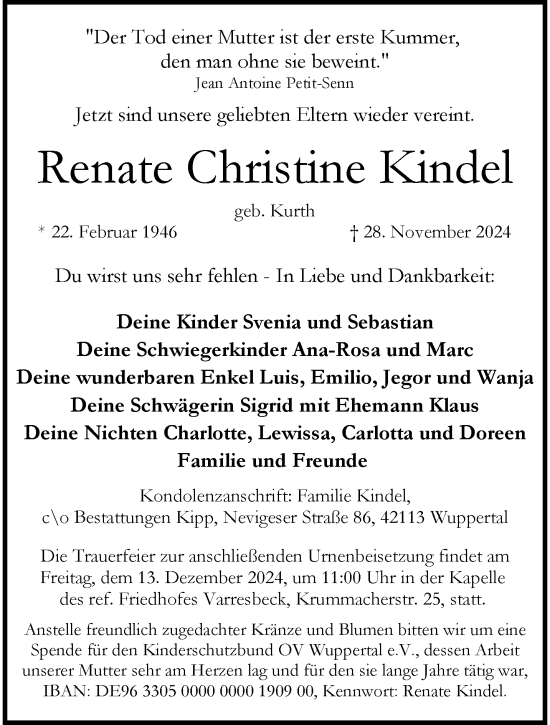 Traueranzeige von Renate Christine Kindel von trauer.wuppertaler-rundschau.de