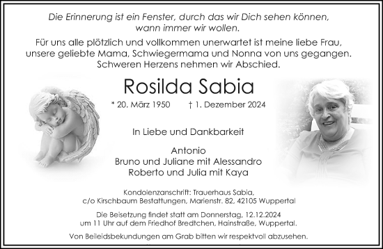 Traueranzeige von Rosilda Sabia von trauer.wuppertaler-rundschau.de