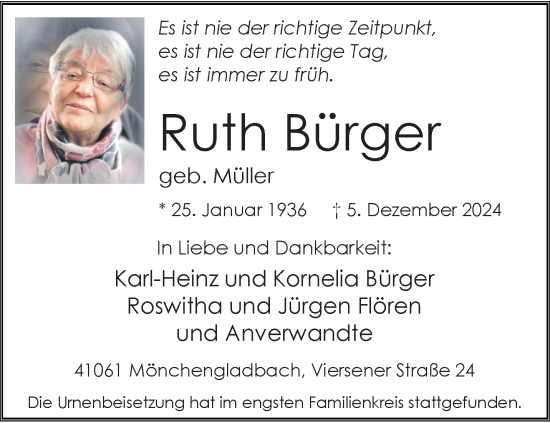 Traueranzeige von Ruth Bürger von trauer.extra-tipp-moenchengladbach.de