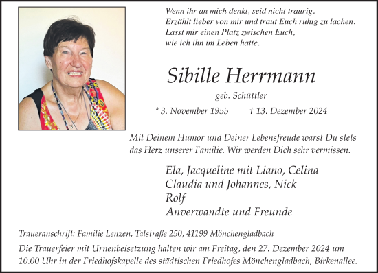 Traueranzeige von Sibille Herrmann von trauer.extra-tipp-moenchengladbach.de