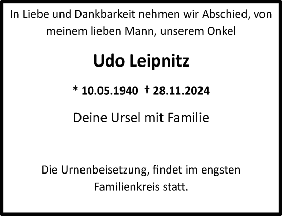 Traueranzeige von Udo Leipnitz von trauer.wuppertaler-rundschau.de