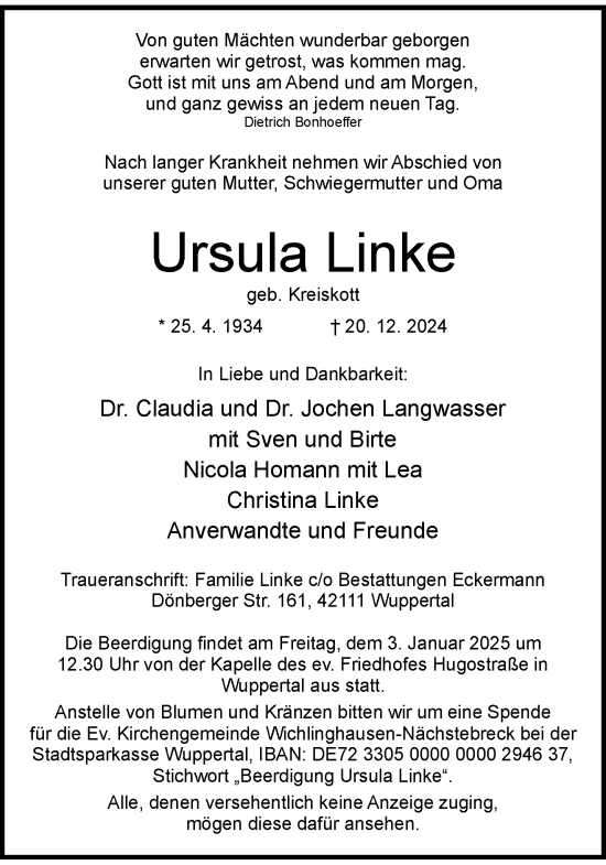 Traueranzeige von Ursula Linke von trauer.wuppertaler-rundschau.de