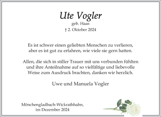 Traueranzeige von Ute Vogler von trauer.extra-tipp-moenchengladbach.de