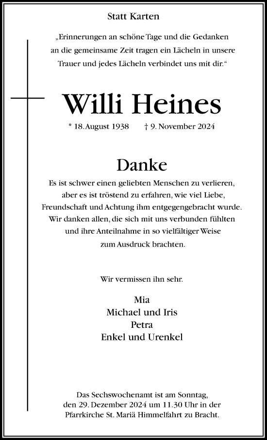 Traueranzeige von Willi Heines von trauer.extra-tipp-moenchengladbach.de