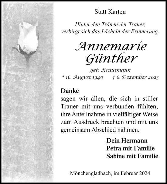 Traueranzeige von Annemarie Günther von trauer.extra-tipp-moenchengladbach.de